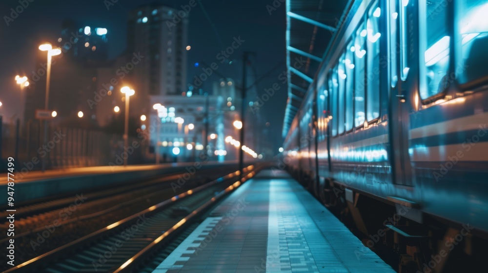 A night-time view of a train platform with a stationary train, illuminated by blue lights and city buildings in the background. A night-time view of a train platform with a stationary train, illuminated by blue lights and city buildings in the background.