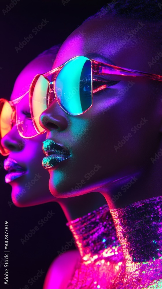 Two fashion models posing with sunglasses and neon lights Two fashion models posing with sunglasses and neon lights