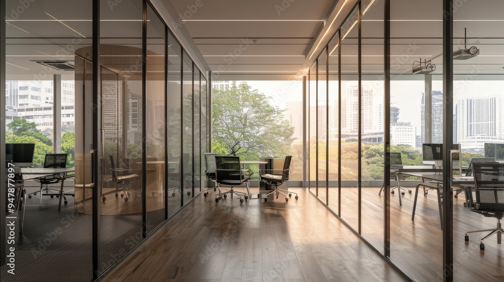 Fototapeta premium A sunlit modern office with floor-to-ceiling glass walls, minimalist interior, and views of greenery and cityscape, designed for productivity and comfort.
