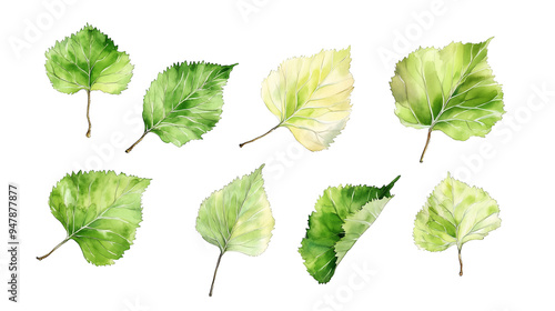 Various Watercolor Leaves Illustration on Transparent Background, Design Element for Creative Projects, Natural and Elegant Leaf Designs for Digital Art