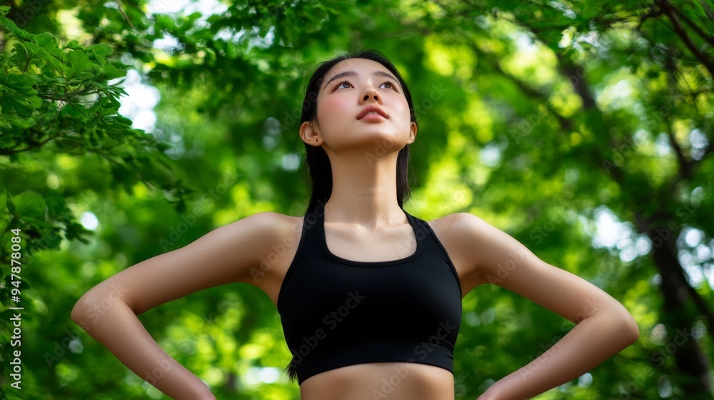 There is a woman standing in a forest, gazing at the sky. There is a woman standing in a forest, gazing at the sky.