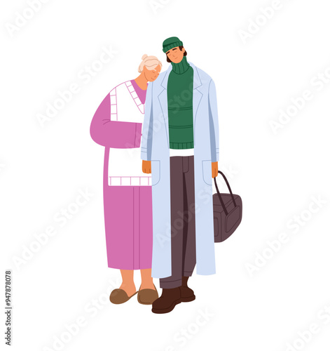 Reunion of family. Son visit his old mother in parental home. Person happy to meet aged mom. Granny and man cuddle to greeting or saying goodbye. Flat isolated vector illustration on white background