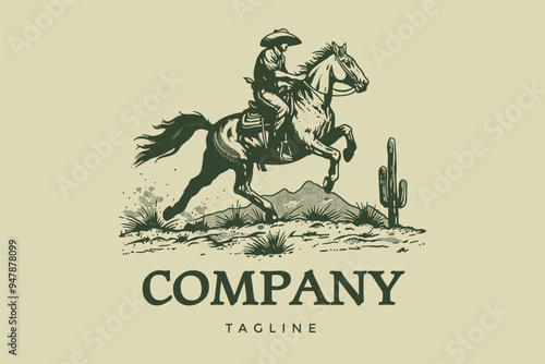hand drawn crocodile cowboy ride a horse in desert with mountain and cactus landscape logo design template for brand business company branding