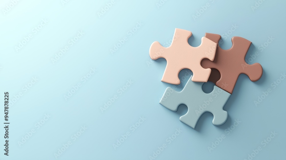 Obraz premium Pastel Colored Puzzle Pieces Arranged on a Light Blue Surface Symbolizing Connection and Cooperation