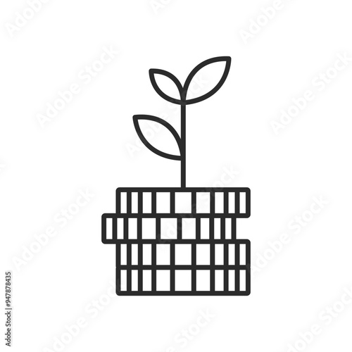 Money grow icon with plant leaf and coin . Thin line editable stroke vector illustration.