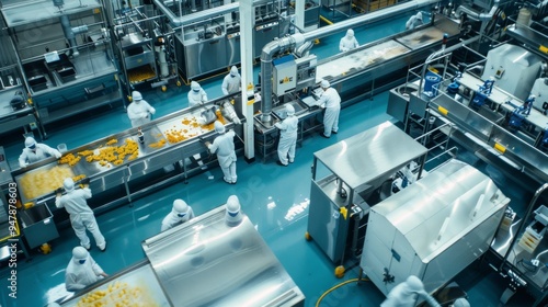 Workers in a sterile food processing plant, meticulously handling and packaging food products, highlighting industrial precision and hygiene.