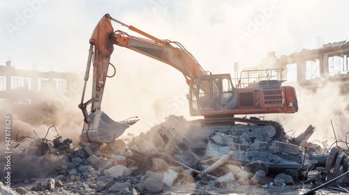 An excavator amidst a dusty demolition site, capturing the dynamic and powerful process of tearing down structures in an urban setting.