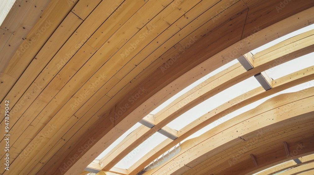 Obraz premium The image showcases a beautifully crafted architectural wooden ceiling with smooth, overlapping curves and natural light streaming through transparent spaces.