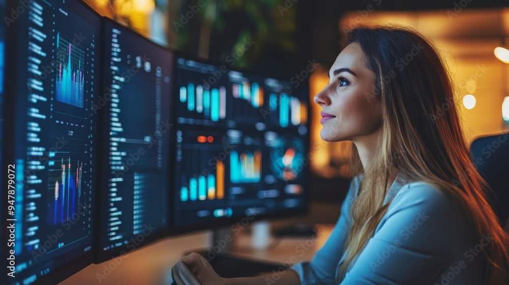 Professional businesswoman using virtual workspace analytics to track performance and optimize workflows. Professional businesswoman using virtual workspace analytics to track performance and optimize workflows.