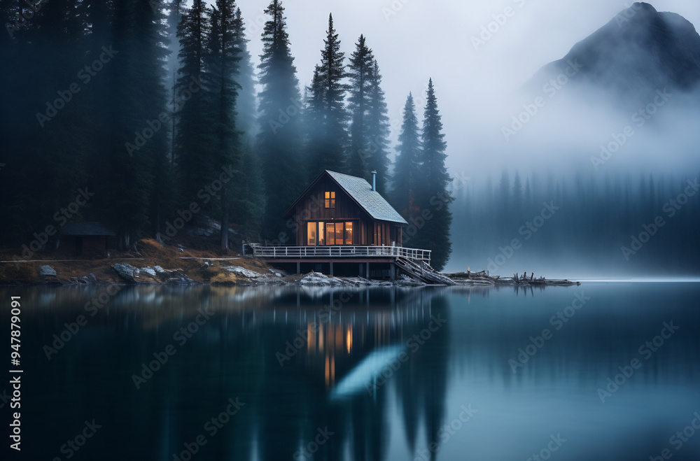 Fototapeta premium Cabin on the shore of a lake surrounded by trees