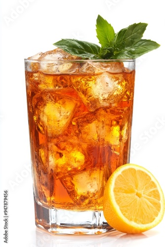 Classic Iced Tea with Refreshing Lemon Slice and Aromatic Mint Sprig on White, Isolated