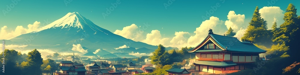 Fototapeta premium Serene Japanese Village Morning: Anime-Style Buddhist Temple and Mount Fuji Landscape. 4K Lo-Fi Aesthetic Wallpaper for Cultural Marketing, Minimalist Graphic Design, and Asian Architecture Appreciati