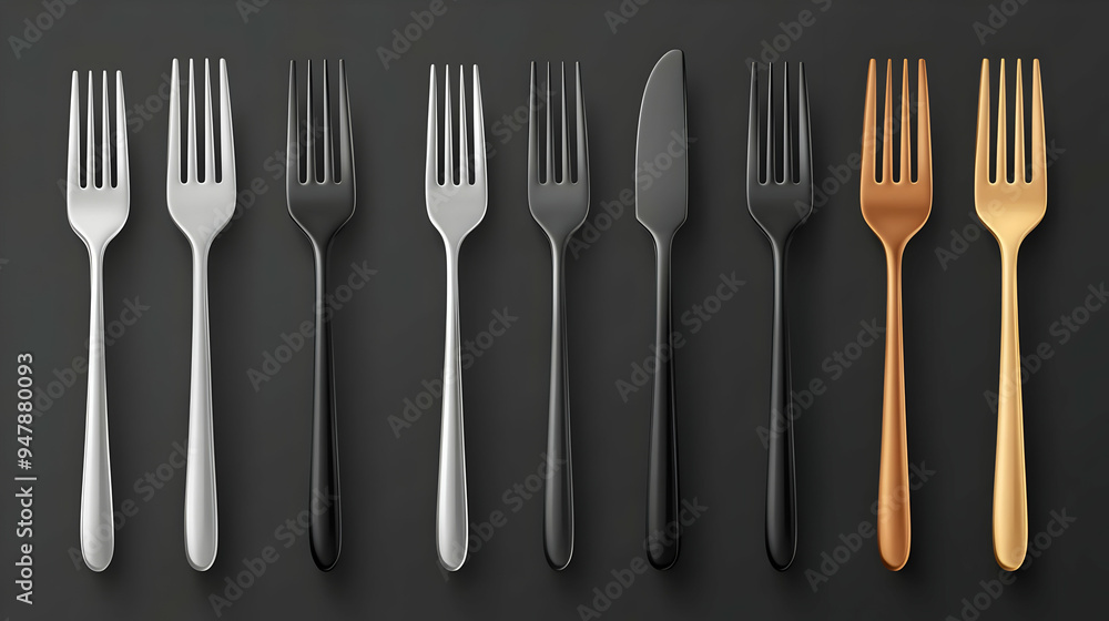Black Silver Gold Forks and Knife Set on Black Background Black Silver Gold Forks and Knife Set on Black Background