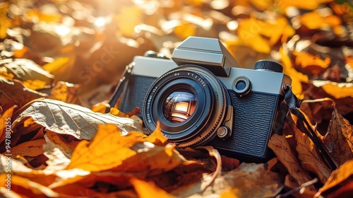 A vintage camera rests among colorful autumn leaves, capturing the essence of the fall season's beauty and warm tones.