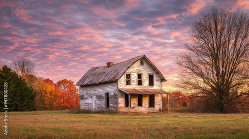 A rustic abandoned house surrounded by colorful autumn trees and a dramatic sky, evoking feelings of nostalgia and nature's beauty.