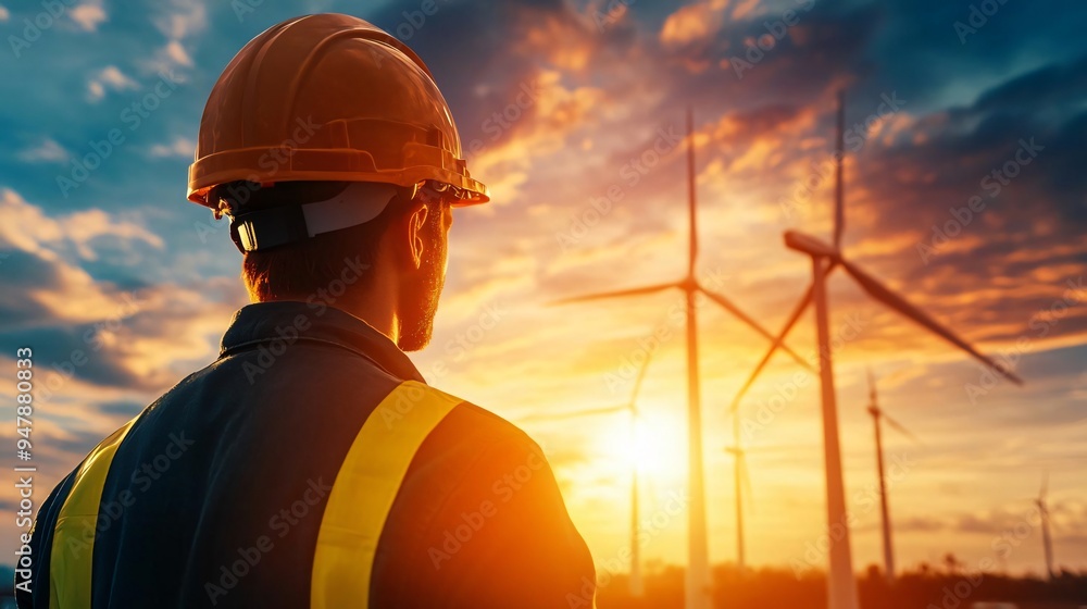 A worker gazes at wind turbines during a beautiful sunset, highlighting renewable energy and sustainability in action. A worker gazes at wind turbines during a beautiful sunset, highlighting renewable energy and sustainability in action.