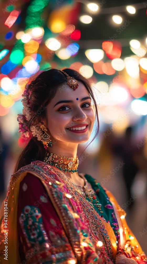 Young indian woman wearing traditional dress smiling at diwali festival of lights Young indian woman wearing traditional dress smiling at diwali festival of lights