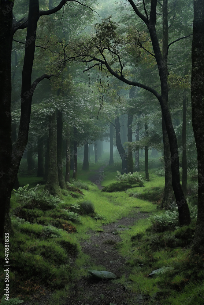 A misty woodland path winds through a dense forest of towering trees.. A misty woodland path winds through a dense forest of towering trees..