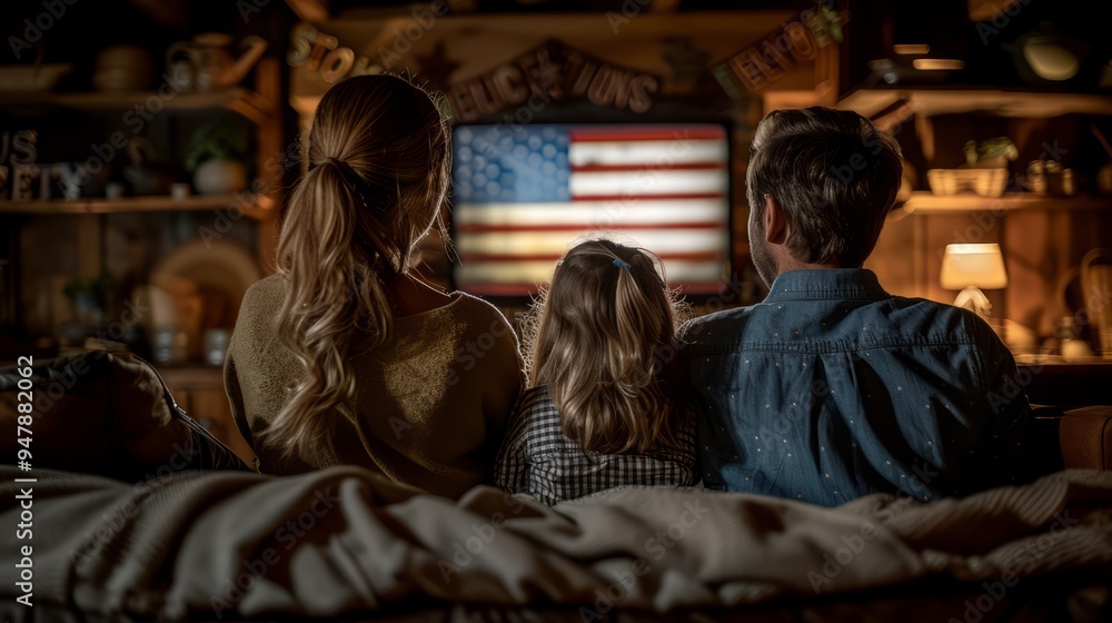 A family of three sits closely together on a couch, sharing a cozy evening. The warm light from the television illuminates their faces as they watch heartfelt, patriotic narratives A family of three sits closely together on a couch, sharing a cozy evening. The warm light from the television illuminates their faces as they watch heartfelt, patriotic narratives