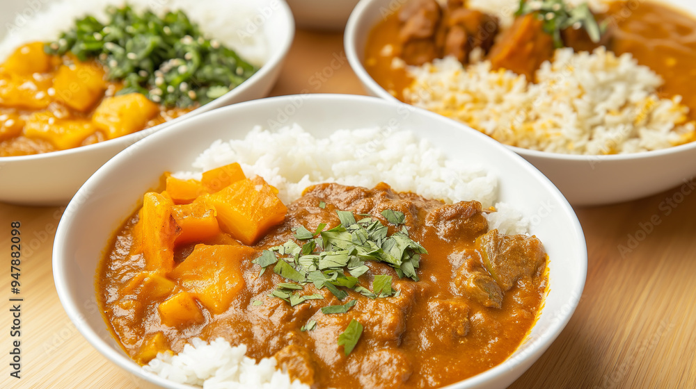 Close-up of a bowl of curry with rice, pumpkin, and herbs.. Close-up of a bowl of curry with rice, pumpkin, and herbs..