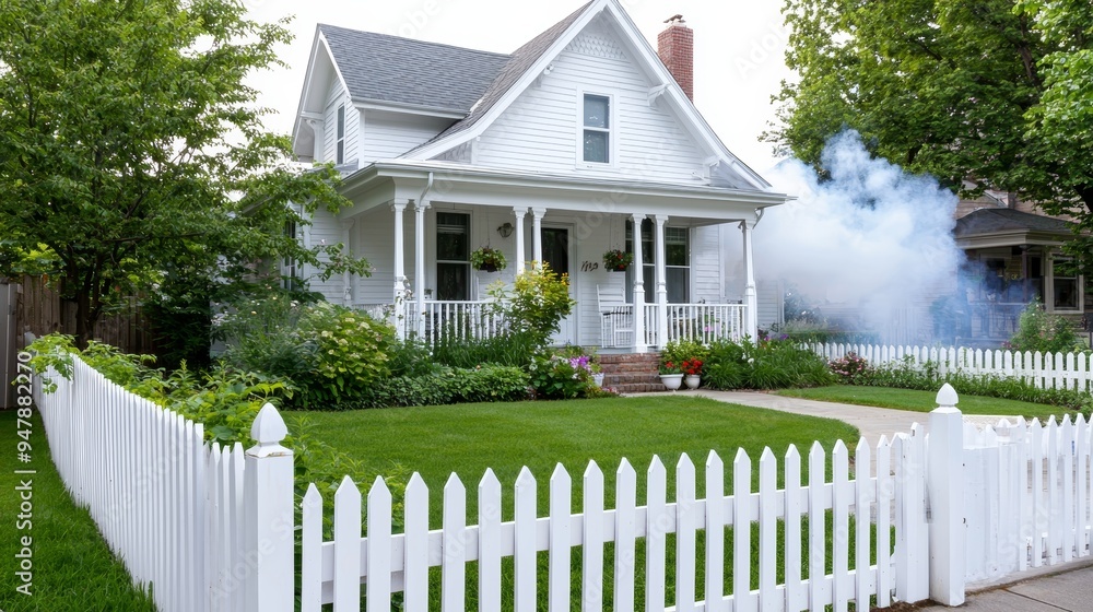 Cozy Suburban Home with Lush Green Lawn and Picket Fence Cozy Suburban Home with Lush Green Lawn and Picket Fence
