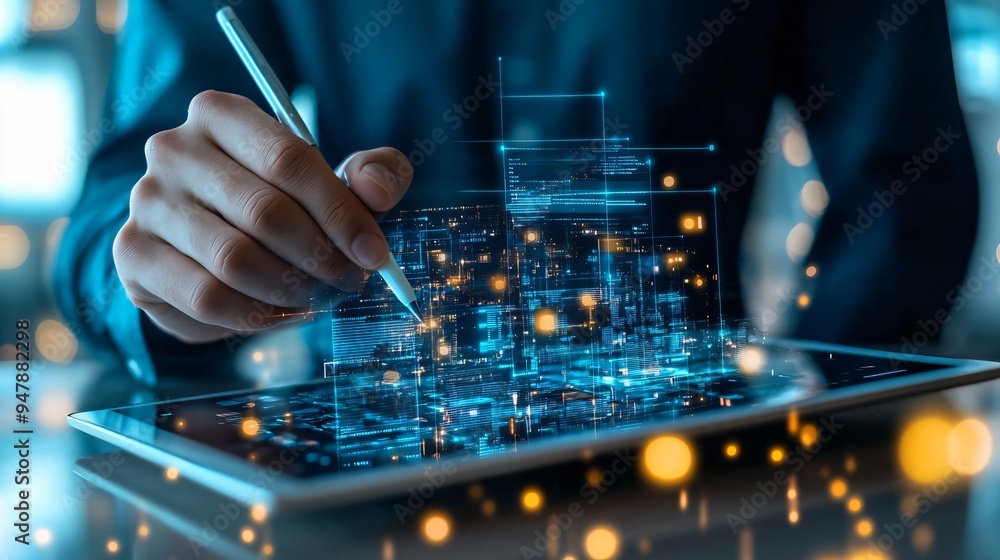A professional drawing on a digital tablet, showcasing futuristic technology and data visualization in a modern workspace. A professional drawing on a digital tablet, showcasing futuristic technology and data visualization in a modern workspace.