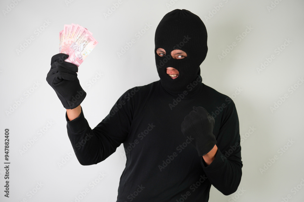 Dangerous young Adult black masked robber is holding a bunch of indonesian money after stealing from his victim. Dangerous young Adult black masked robber is holding a bunch of indonesian money after stealing from his victim.