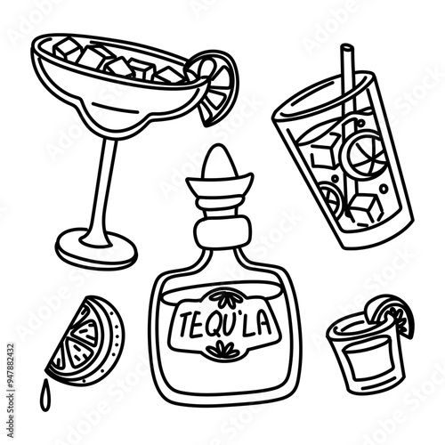 a set of doodle Margarita cocktails, Mojito in a glass, a bottle of tequila with a shot glass. a slice of lemon, lime, hand-drawn, with ice cubes. Contour vector illustration. alcoholic beverages