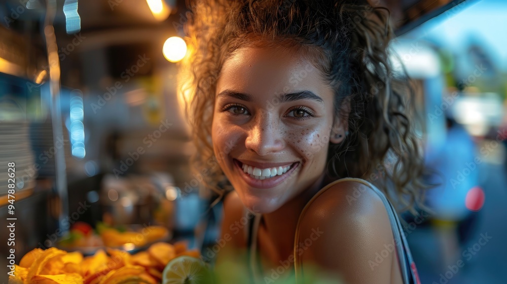 A cheerful young woman with curly hair and freckles smiles brightly while working in a food truck, surrounded by fresh ingredients and vibrant ambiance. A cheerful young woman with curly hair and freckles smiles brightly while working in a food truck, surrounded by fresh ingredients and vibrant ambiance.
