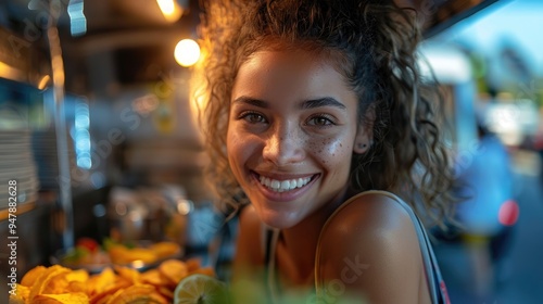 A cheerful young woman with curly hair and freckles smiles brightly while working in a food truck, surrounded by fresh ingredients and vibrant ambiance.