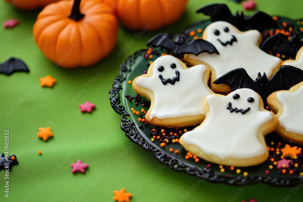 Festive Halloween ghost-shaped cookies with bats on a green background Festive Halloween ghost-shaped cookies with bats on a green background