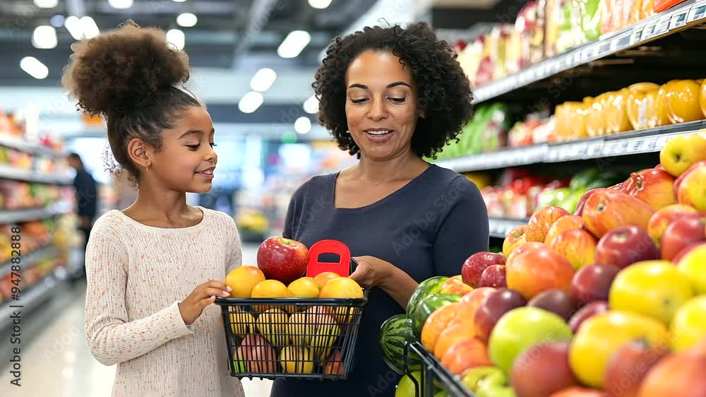 A mother and daughter bond while selecting fresh produce at the grocery store. A mother and daughter bond while selecting fresh produce at the grocery store.