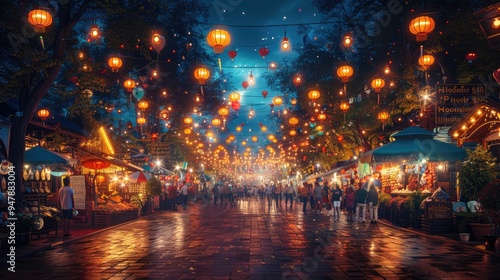 A bustling night market scene with numerous tents and stalls, illuminated by hanging lanterns, and filled with people walking and exploring various goods and food.