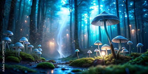 Surreal nighttime forest bathed in soft blue mist with glowing mushrooms and foggy trees surrounding a faintly lit bottle of phenibut crystals relaxing tranquility photo