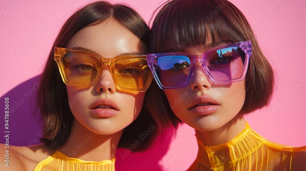 Two fashion models posing in front of pink wall wearing colorful sunglasses Two fashion models posing in front of pink wall wearing colorful sunglasses