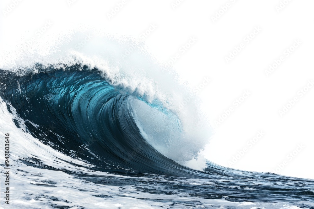Fototapeta premium An isolated stormy sea wave with deep blue waves isolated against a white background. Climate in front. Stock image