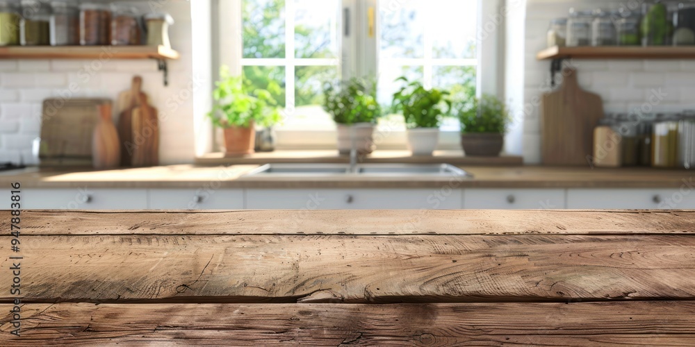 a rustic wooden table with a blurred interior of a stylish kitchen. a rustic wooden table with a blurred interior of a stylish kitchen.