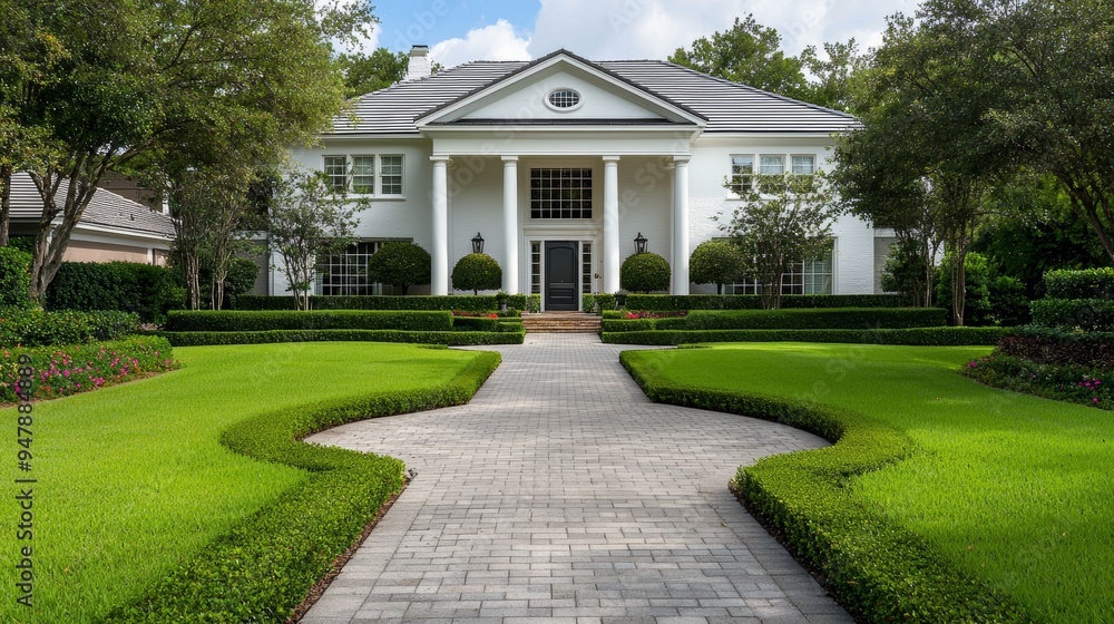 Elegant Southern Mansion Nestled in Lush Greenery and Manicured Landscaping Elegant Southern Mansion Nestled in Lush Greenery and Manicured Landscaping