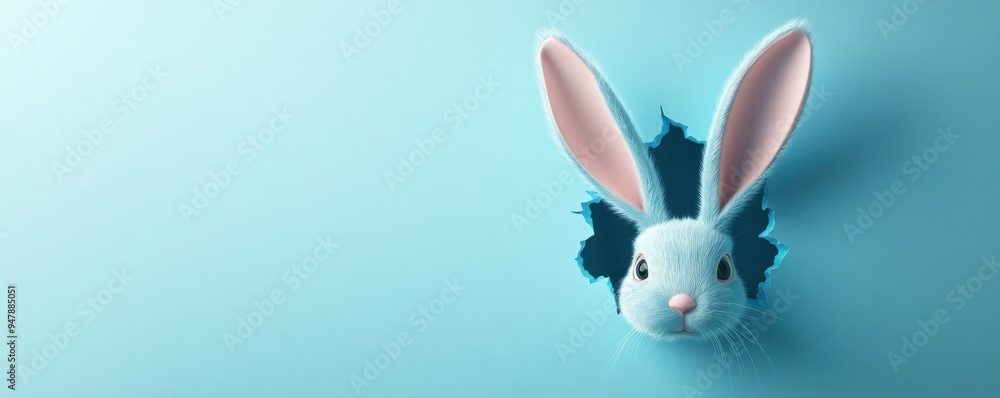 Obraz premium Cute Easter Bunny Peeking Through a Hole in a Blue Background