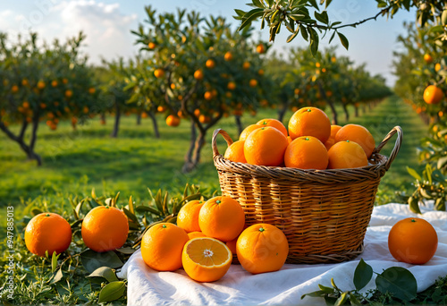 A basket of fresh juicy oranges in an orchard