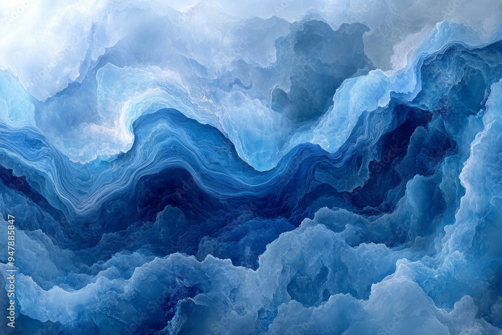 Abstract mineral formations dissolving into soft pastel blue mists, Abstract mineral formations dissolving into soft pastel blue mists,