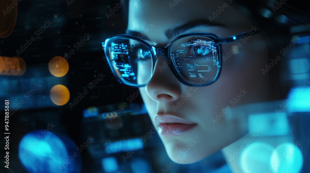 Software developer working with augmented reality glasses and computer code Software developer working with augmented reality glasses and computer code