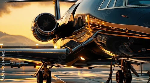 A premium black and gold private jet, parked at the airport during sunset, showcases luxurious business transport for VIPs, embodying the opulent lifestyle of millionaires and billionaires.