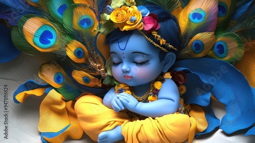 Sleeping Baby Lord Krishna with Peacock Feather, Divine Innocence photo