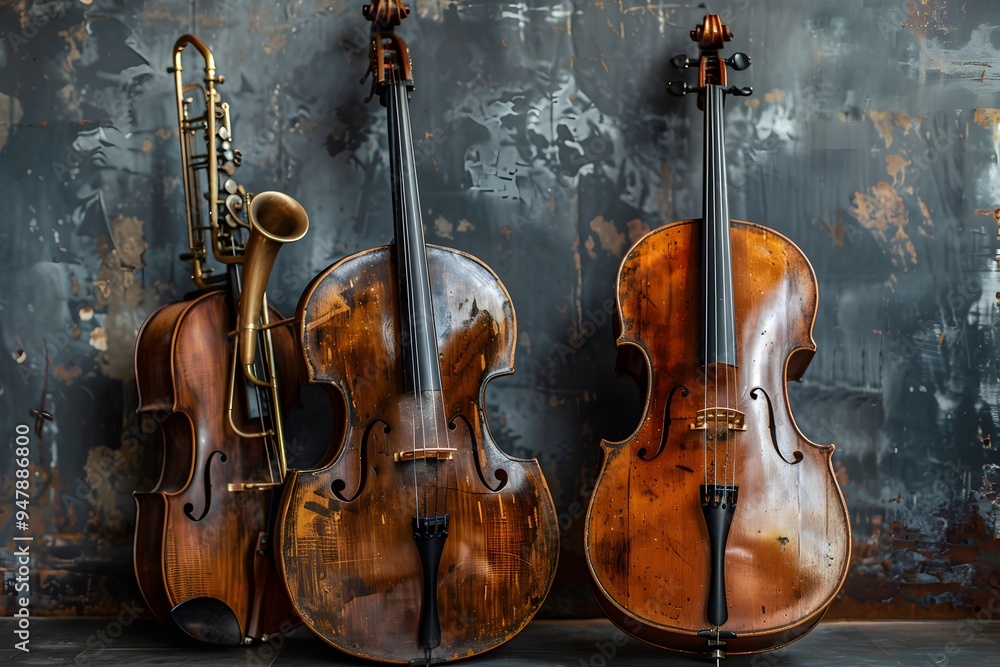 Fototapeta premium A Trio of Timeless Instruments: Cello, Trumpet, and Double Bass Against a Rustic Backdrop