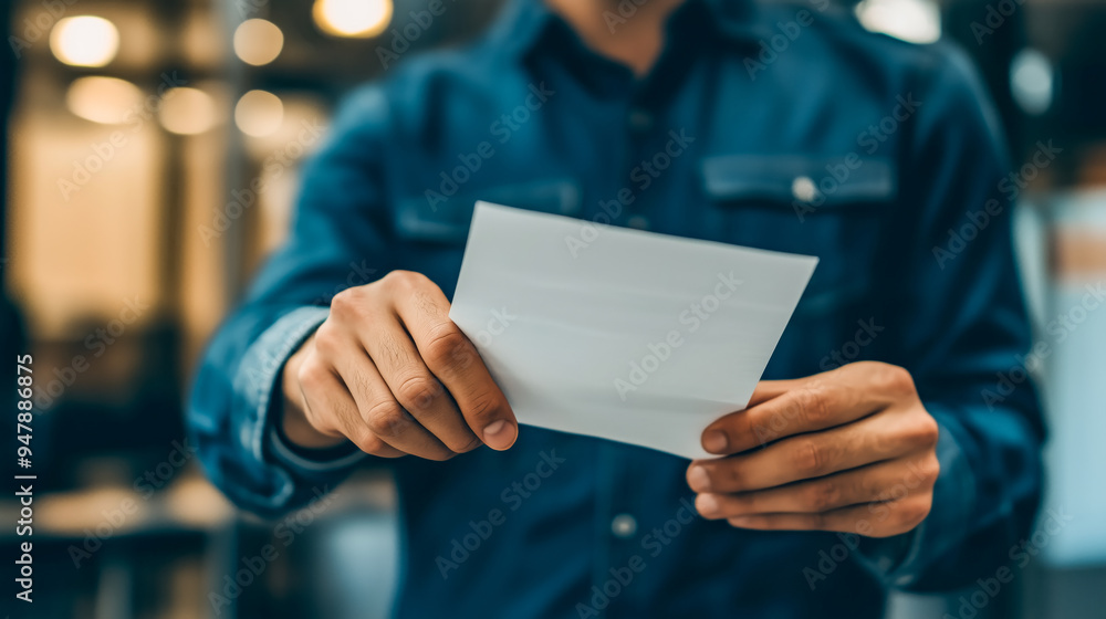 Man holding a piece of paper, focused and reading intently in a blurred office background. Man holding a piece of paper, focused and reading intently in a blurred office background.