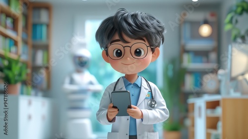 3d rendering cartoon character han3d holds smart phone with doctor popping out from screen online consultation tele medicine video call medical insurance clip art isolate3d on white background