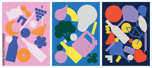 Set of contemporary, geometric and colorful compositions with simple shapes for cards, posters or covers