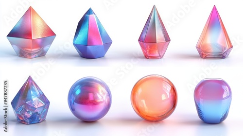 3d rendering different iridescent geometric shapes set modern minimal metal objects futuristic clip art isolate3d on transparent background