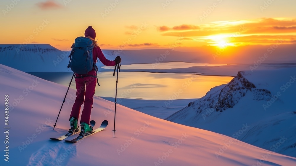 A skier enjoying sunset views while descending snowy slopes in a tranquil mountain landscape during winter A skier enjoying sunset views while descending snowy slopes in a tranquil mountain landscape during winter